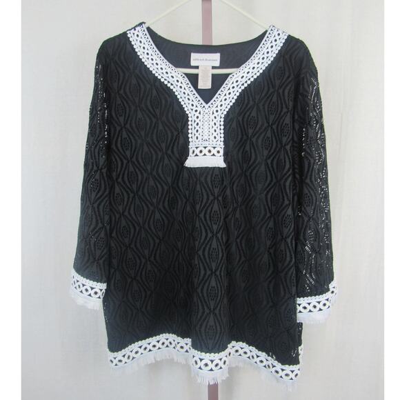 Alfred Dunnner XL Women's Checkmate Textured Top with Lace Trim Black White - Picture 1 of 9